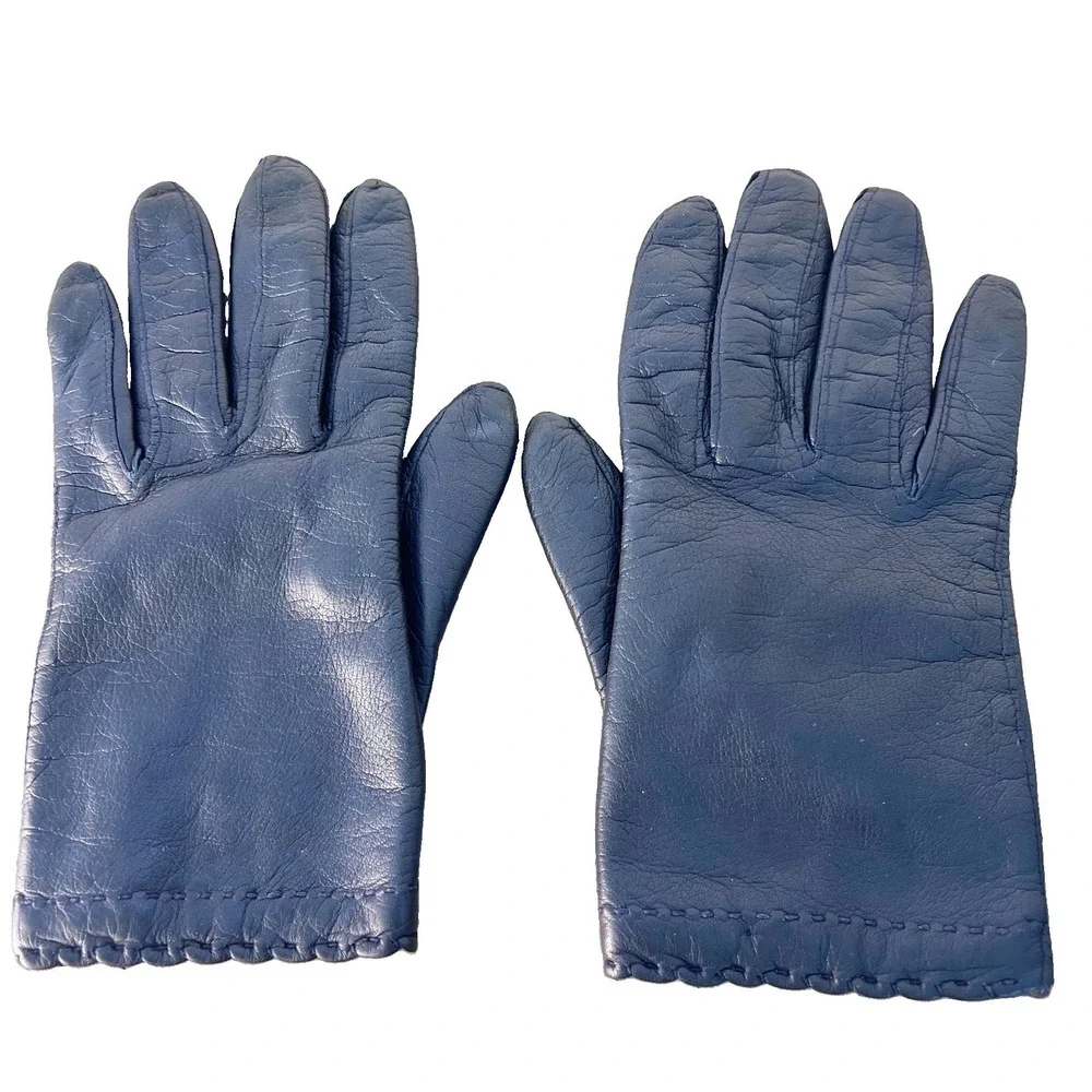 Vintage Black Leather Gloves Size 6.5 Knit Lined Hand Stitched Made in Italy